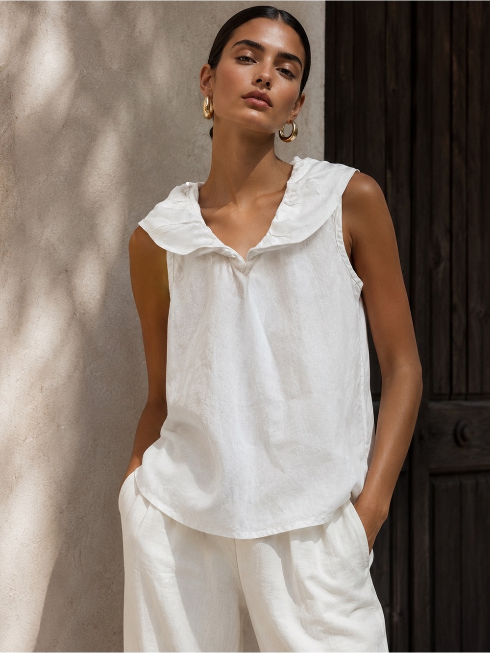 FLAX 100% Linen Ruffle-Collar Sleeveless Top — Size S